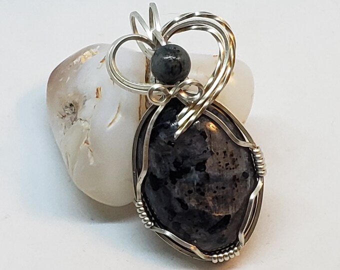 Larvakite Pendant, wire wrapped, Sterling silver