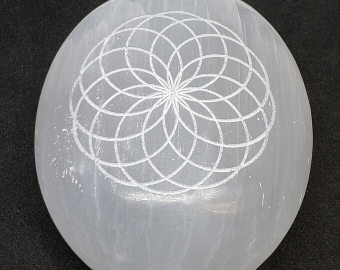 Selenite Palm Stone- laser etched Seed of Life design, SP4