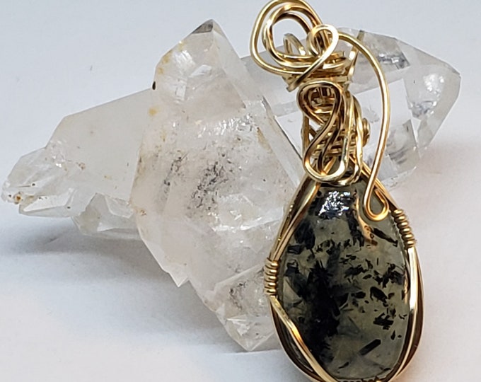 Prehnite Wire Wrapped Pendant in gold filled