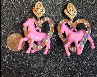 Pretty in Pink Horse Decor Dangle earrings made with resin and vintage rhinestone decorative posts.