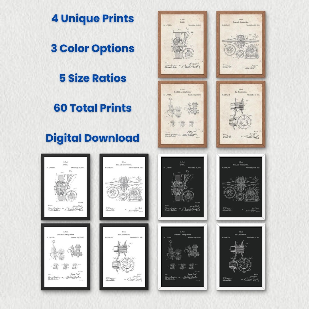 Henry Ford Car Part Patent Prints: Set of 4, 3 Colors Each | Digital ...