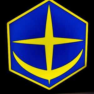 Puede incluir: Un diseño de estrella amarilla y luna creciente sobre un fondo hexagonal azul.