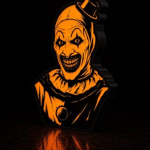 Op de afbeelding: Een oplichtend oranje en zwart bord met een gestileerde illustratie van een clown met een brede, tandige grijns, donkere oogmake-up en een kleine hoge hoed. De figuur is afgebeeld vanaf de borst en draagt een geplooide kraag en een pompon.