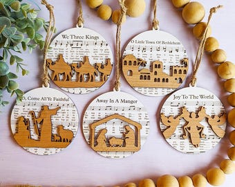 Christmas songs ornament, joy to the world ornament, we three kings, away in a manger, Bethlehem, sheet music ornament, Christmas carol gift
