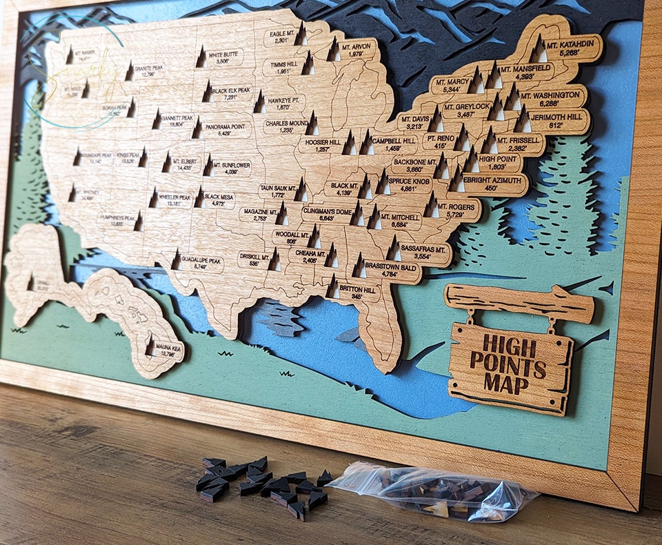 Map Pointing Tokens U.s. Highpoints Map High Pointers 50 State Peak Tracker - Wooden Board ...