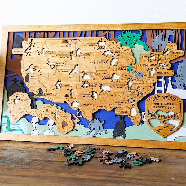 Cryptid travel map |  Cryptid-themed Gifts |Gift for fans of Mothman, Wendigo, Hodag, Bigfoot | Cryptozoology gifts | Weird Creepy Gifts