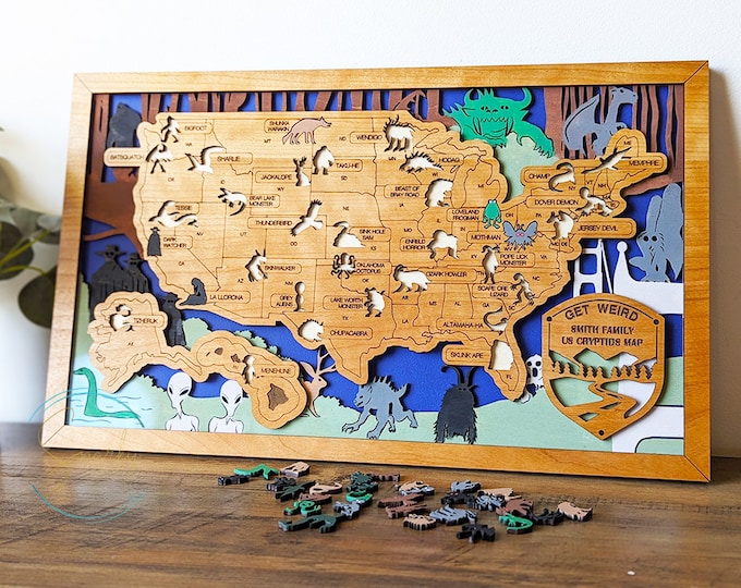 Cryptid travel map |  Cryptid-themed Gifts |Gift for fans of Mothman, Wendigo, Hodag, Bigfoot | Cryptozoology gifts | Weird Creepy Gifts