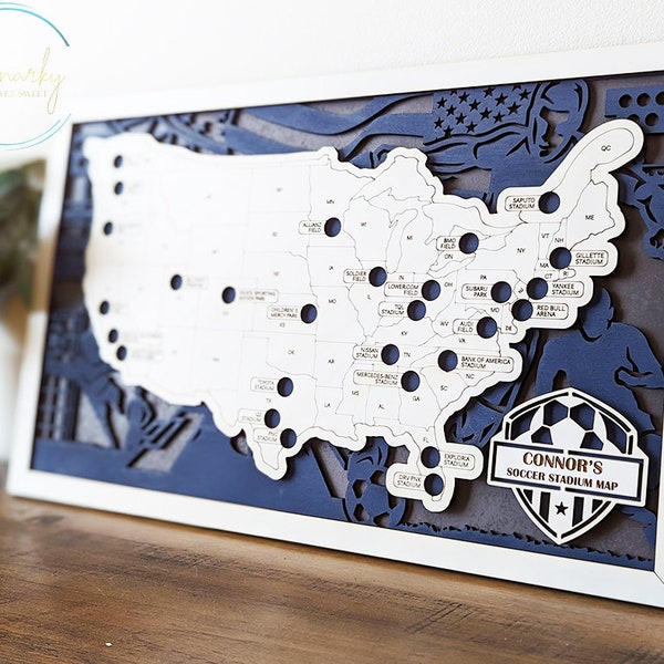 Soccer stadium map, pro soccer stadium tracker, NSL stadium travel map,  gift for soccer lover, gift for men