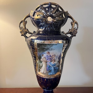 Antique Josef Strnadt Austrian Porcelain Vase – Cobalt Blue Hand-Painted Classical Scene | Pierced Handles | Victorian Art Nouveau Style
