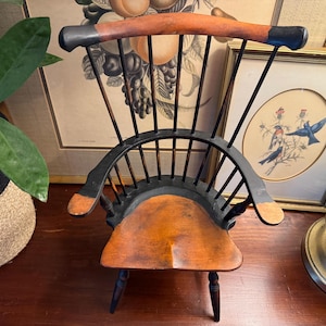 Vintage Wooden Windsor Doll Chair – Large 15.5” Miniature Armchair, Handcrafted Primitive Furniture, Antique Comb back style, Retro style