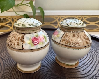 Charming Hand-Painted Vintage Salt and Pepper Shakers – Floral & Scrollwork Design, 3” Tall — Farmhouse, Countryside Decor