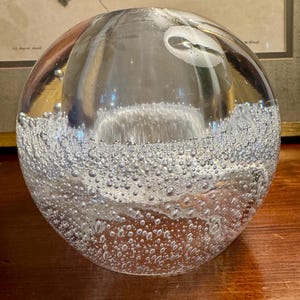Vintage Art Glass Orb Paperweight with Bubbles | Mid Century Modern Decor | Clear Bubble Glass Sphere | Desk or Table Decor