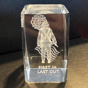 Crystal Firefighter Keepsake - “First In, Last Out” Tribute - 3D Crystal triangle with protective KYS box