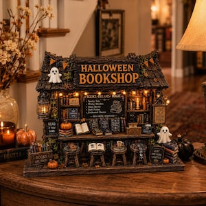 Peut inclure: Une miniature de librairie d'Halloween avec un toit texturé sombre, des fanions orange et un fantôme blanc. L'intérieur comprend des étagères remplies de minuscules livres, un tableau noir, des guirlandes lumineuses et quatre petits tabourets.