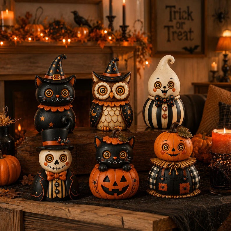 Rustik Halloween-trädekoration, svart kattuggla, spökpumpafigurer, nyckfull höstmanteldisplay, presentidé till lantlig kuslig säsong bild 3