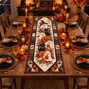 Halloween-Tischläufer mit Geisterkatze und Kürbis, gesteppt, Hexenhut-Herbst-Tischdeko, gruselige Herbst-Mittelstück fürs Esszimmer, Halloween-Geschenk