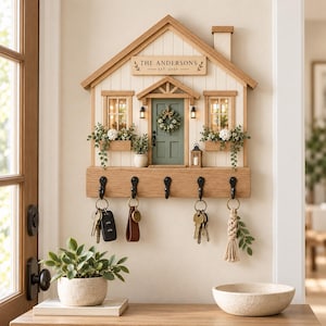 Può includere: Un portachiavi da parete in legno a forma di casa con porta verde, ghirlanda e due finestre con fioriere. Presenta una targa con la scritta THE ANDERSONS EST. 2020 e cinque ganci in metallo nero che sostengono varie chiavi.