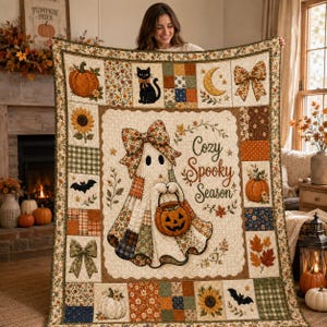 Cozy Spooky Season Halloween Quilt, Ghost Pumpkin Patchwork Blanket, Fall Cottagecore Wall Hanging, Autumn Farmhouse Decor Gift for Home