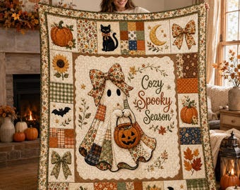 Cozy Spooky Season Halloween Quilt, Ghost Pumpkin Patchwork Blanket, Fall Cottagecore Wall Hanging, Autumn Farmhouse Decor Gift for Home