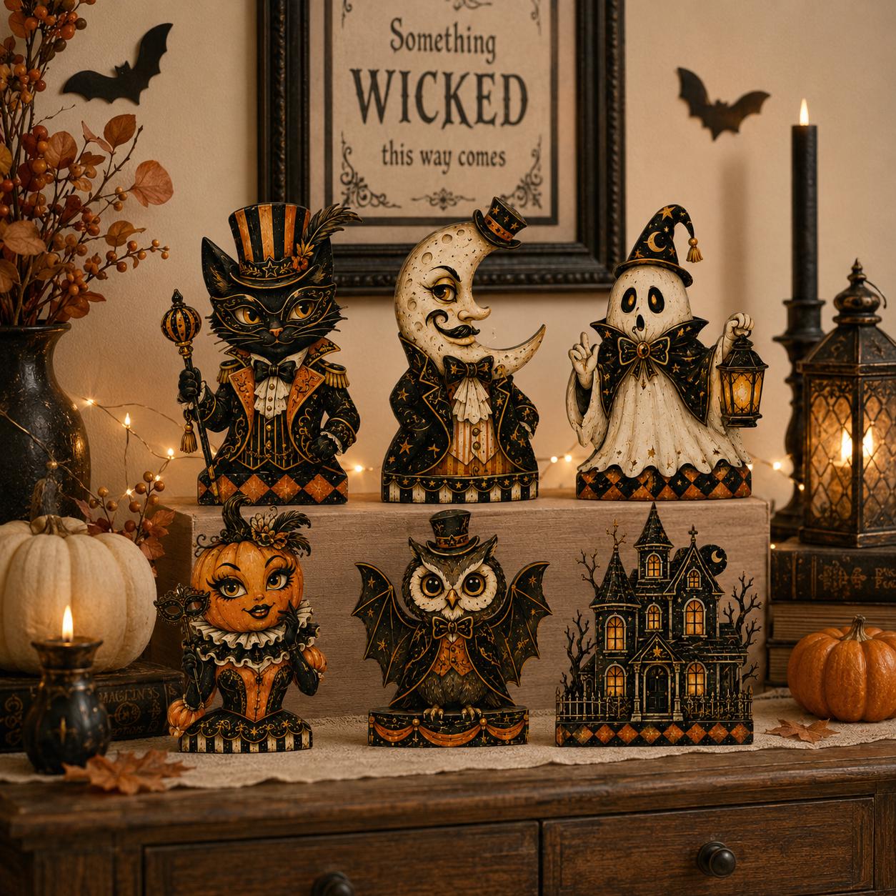 Retro Halloween Wooden Block Shelf Sitters, Whimsical Black Cat