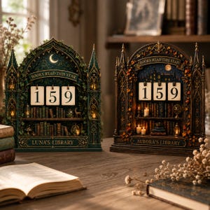 May include: Two decorative book trackers featuring arched frames with shelves of miniature books. The left tracker is green with the text 'BOOKS READ THIS YEAR' and 'LUNA'S LIBRARY'. The right tracker is brown with 'BOOKS READ THIS YEAR' and 'AURORA'S LIBRARY'. Both display the number 159.