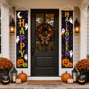 Spooky Halloween Door Banner, Welcome Porch Decoration, Cute Monsters Ghosts Pumpkins, Outdoor Entry Sign, Fall Party Wall Decor Idea