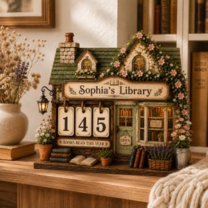 Może przedstawiać: Dekoracyjny kalendarz stołowy w kształcie miniaturowej biblioteki z zielonym dachem, kwiatowymi pnączami i szyldem z napisem Sophia's Library. Posiada trzy wiszące karty z numerem 145 oraz napis BOOKS READ THIS YEAR.