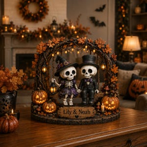 Personalized Halloween Wooden Block, Skeleton Couple Decor, Custom Name Sign, Spooky Fall Shelf Sitter, Gothic Wedding Gift for Couples