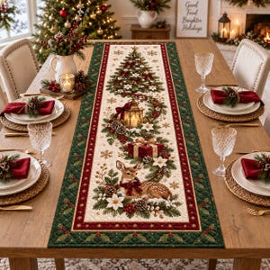 Könnte beinhalten: Ein rechteckiger, gesteppter Tischläufer mit einem zentralen Weihnachtsbaum, einer leuchtenden Laterne, einem Geschenk und einem Reh, das zwischen Weihnachtssternen und Tannenzapfen ruht, auf cremefarbenem Grund mit dunkelgrünem und rotem Rand.