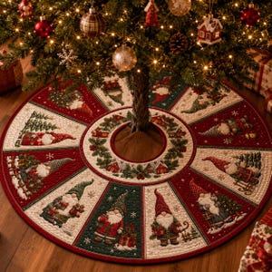 May include: A circular quilted Christmas tree skirt featuring alternating red and cream panels decorated with illustrations of gnomes, pine trees, and small houses. The center features a circular wreath pattern surrounding the tree trunk.