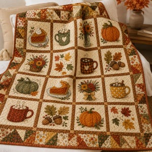 Coperta trapuntata autunnale con motivo zucca e spezie, plaid autunnale con caffè e torta, biancheria da letto rustica con fiori autunnali, accogliente arredamento in stile fattoria, regalo del Ringraziamento per lei
