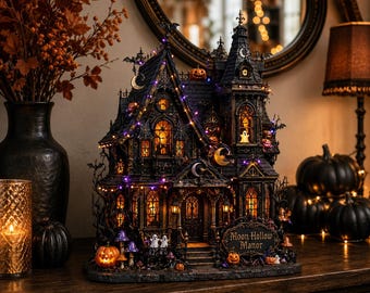 Anpassad Halloween-dekoration för spökhus, personlig gotisk husskylt, läskig pumpa-spökstuga för manteldisplay