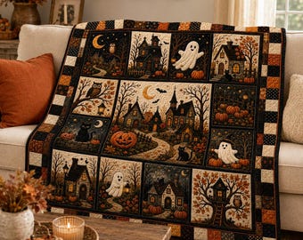 Halloween Premium Quilt Blanket, Black Cat in Teapot Pumpkin Ghost Haunted House Floral Patchwork Throw, Autumn Bedroom Decor for Sofa Bed