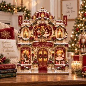 May include: A miniature Nutcracker Ballet Shop building with a red and gold dome, illuminated windows, and festive holiday decor. The structure features the text SOPHIA and NUTCRACKER BALLET SHOP, with a ballerina and nutcracker figure inside.