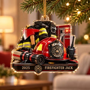 Pu&ograve; includere: Un addobbo natalizio a tema vigili del fuoco con casco rosso, ascia, manichetta e radio. La base riporta la scritta 2025 e FIREFIGHTER JACK. Il design &egrave; realizzato in acrilico trasparente con un cordino dorato per appenderlo.