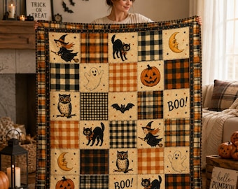 Halloween Patchwork Quilt Blanket, Pumpkin Black Cat Ghost Witch Owl Plaid Throw, Cozy Fall Farmhouse Decor Gift for Sofa Bed Room