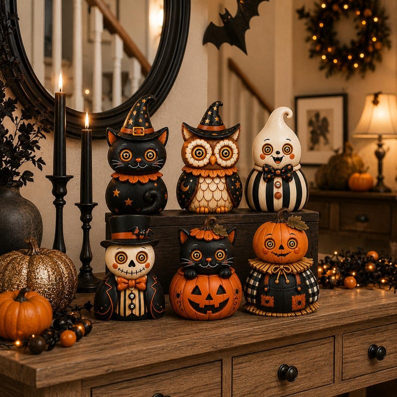 Rustik Halloween-trädekoration, svart kattuggla, spökpumpafigurer, nyckfull höstmanteldisplay, presentidé till lantlig kuslig säsong bild 4