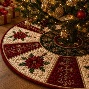 May include: A circular quilted Christmas tree skirt featuring alternating panels of cream and deep red fabric. The cream panels display embroidered red poinsettia flowers with green leaves, while the red panels feature gold stitched snowflake and scroll patterns.