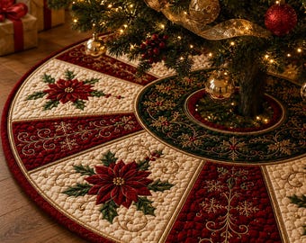 Christmas Tree Skirt Quilt, Poinsettia Quilted Tree Skirt, Red Gold Holiday Decor, Elegant Farmhouse Christmas Tree Mat Gift, Home Decor