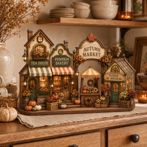 Könnte beinhalten: Ein Miniaturdorf mit Teehaus, Kürbisbäckerei und Blumenhaus unter einem Autumn Market-Bogen. Die Gebäude sind mit warmem Licht beleuchtet und mit Kürbissen, Sonnenblumen sowie gestreiften Markisen detailreich verziert.