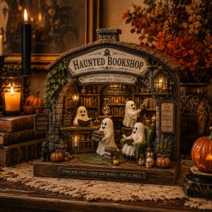 Bloc en bois Librairie hantée, Décoration de bibliothèque fantôme pour Halloween, Librairie miniature effrayante, Ornement de table gothique d'automne, Cadeau pour amoureux des livres