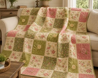 Trapunta patchwork floreale vintage, copriletto cottagecore, biancheria da letto in stile rustico, copriletto botanico, accogliente arredamento shabby chic per la camera da letto, stile giardino