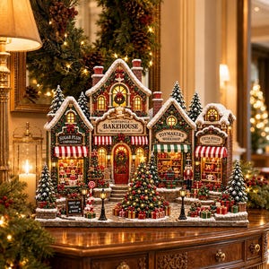 May include: A miniature Christmas village display featuring the Northpole Bakehouse, Sugar Plum Emporium, Toymaker's Workshop, and Cocoa Haven. The buildings are illuminated with warm lights, decorated with wreaths, red and white striped awnings, and snow-dusted roofs, centered around a decorated Christmas tree.