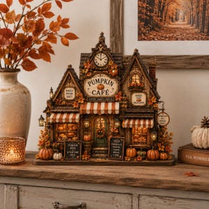 Könnte beinhalten: Ein dekoratives Pumpkin Cafe Gebäudemodell mit Uhr, gestreiften Markisen und beleuchteten Fenstern. Das Bauwerk ist mit Herbstblättern und Miniaturkürbissen verziert, mit Schildern, die Pumpkin Cafe, Baked Fresh Daily und Menu beschriften.