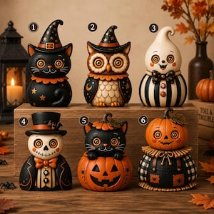 Rustik Halloween-trädekoration, svart kattuggla, spökpumpafigurer, nyckfull höstmanteldisplay, presentidé till lantlig kuslig säsong bild 5