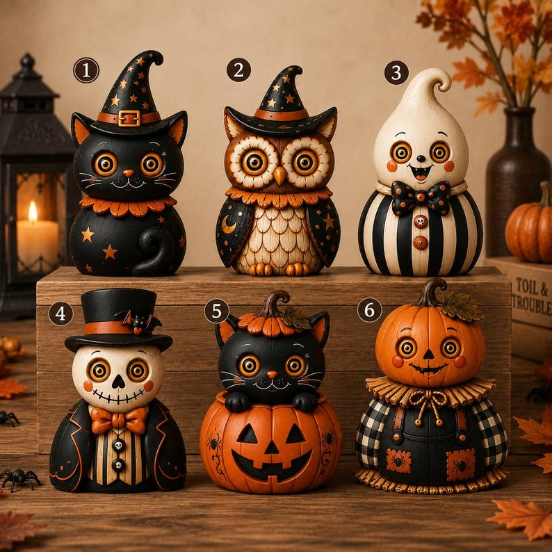 Rustik Halloween-trädekoration, svart kattuggla, spökpumpafigurer, nyckfull höstmanteldisplay, presentidé till lantlig kuslig säsong bild 5