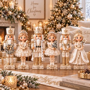 Könnte beinhalten: Ein Set aus sechs dekorativen Nussknacker- und Ballerina-Figuren in weiß-goldener Kleidung. Die Figuren umfassen zwei Nussknacker mit hohen Hüten, zwei Ballerinas in Rüschenkleidern, einen König-Nussknacker mit Krone und eine Prinzessin.