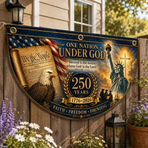 May include: A semi-circular decorative banner featuring a bald eagle, the Statue of Liberty, and a scroll with the text We the People. It displays the text One Nation Under God, 250 Years, 1776-2026, and Faith, Freedom, Founding with a cross.