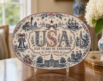 USA 250 år fat: Vintage Americana Semiquincentennial oval dekorfat, historisk firande fat, Liberty & Legacy-gåva