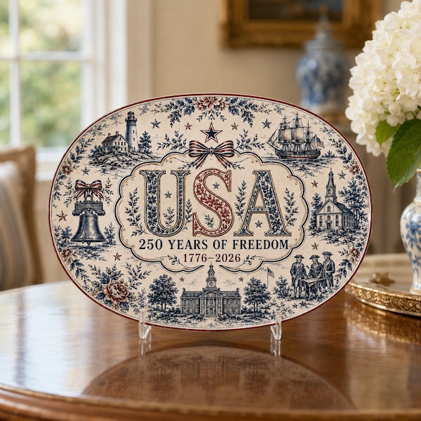 Piatto commemorativo USA 250 Years: vassoio ovale decorativo vintage in stile americano per il quinquennio, piatto celebrativo storico, regalo per la libertà e l'eredità.